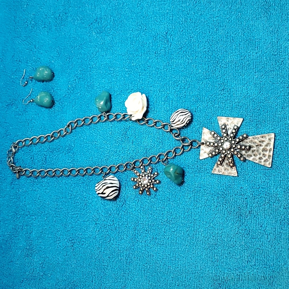 Western Style Cross Necklace and Earrings Set, Turquoise,  Zebra, Flower - Picture 3 of 10
